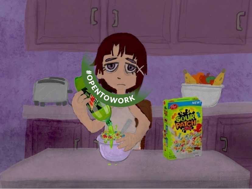 "cearal" experiments lain meme, looking like the girl in "pink nightmares", linkedin "open to work" circle-banner added clashingly